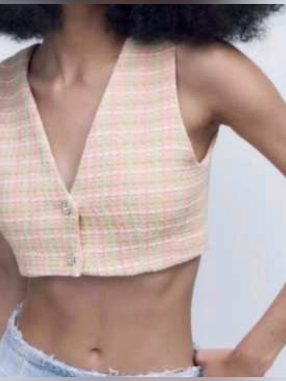 Zara Pastel Plaid Cropped Button V-Neck Top